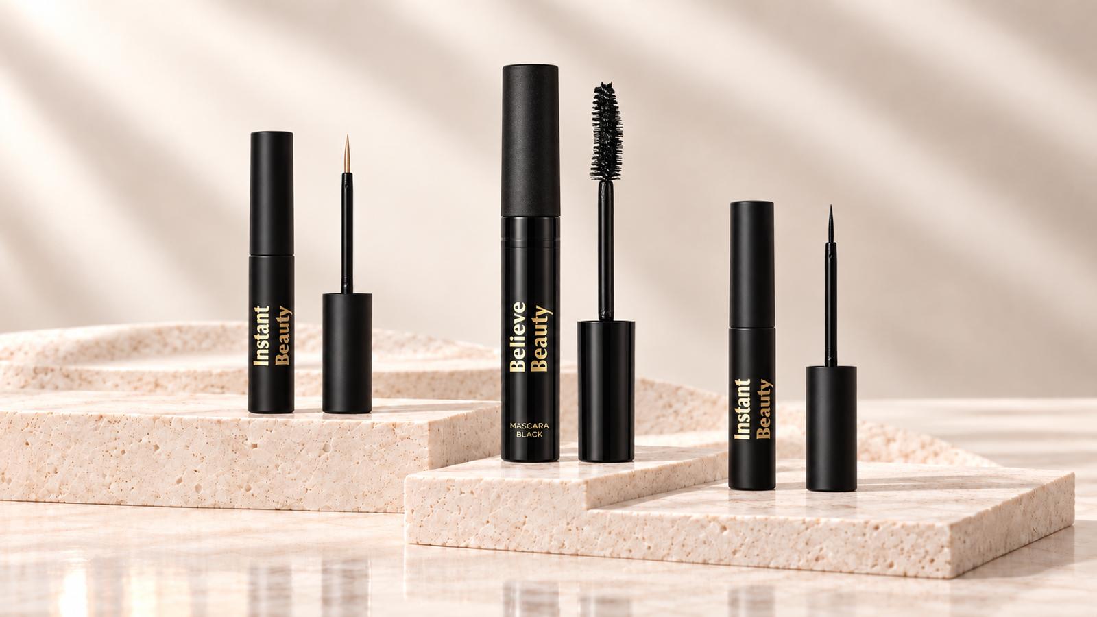 Black mascara and Black and Champagne eyeliners