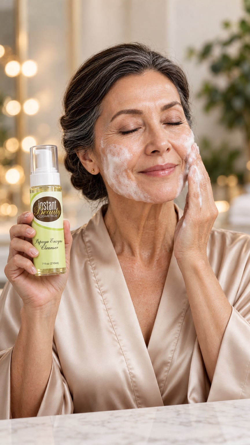 Woman using Papaya Enzyme Cleanser, Skincare category